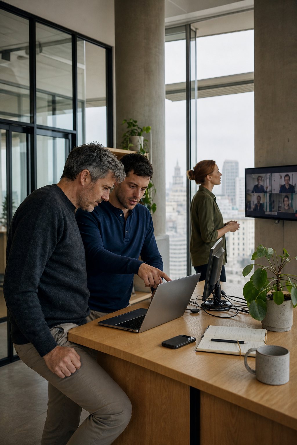 Optiveum advisors reviewing a project together, hands-on experience running near-shore tech hubs